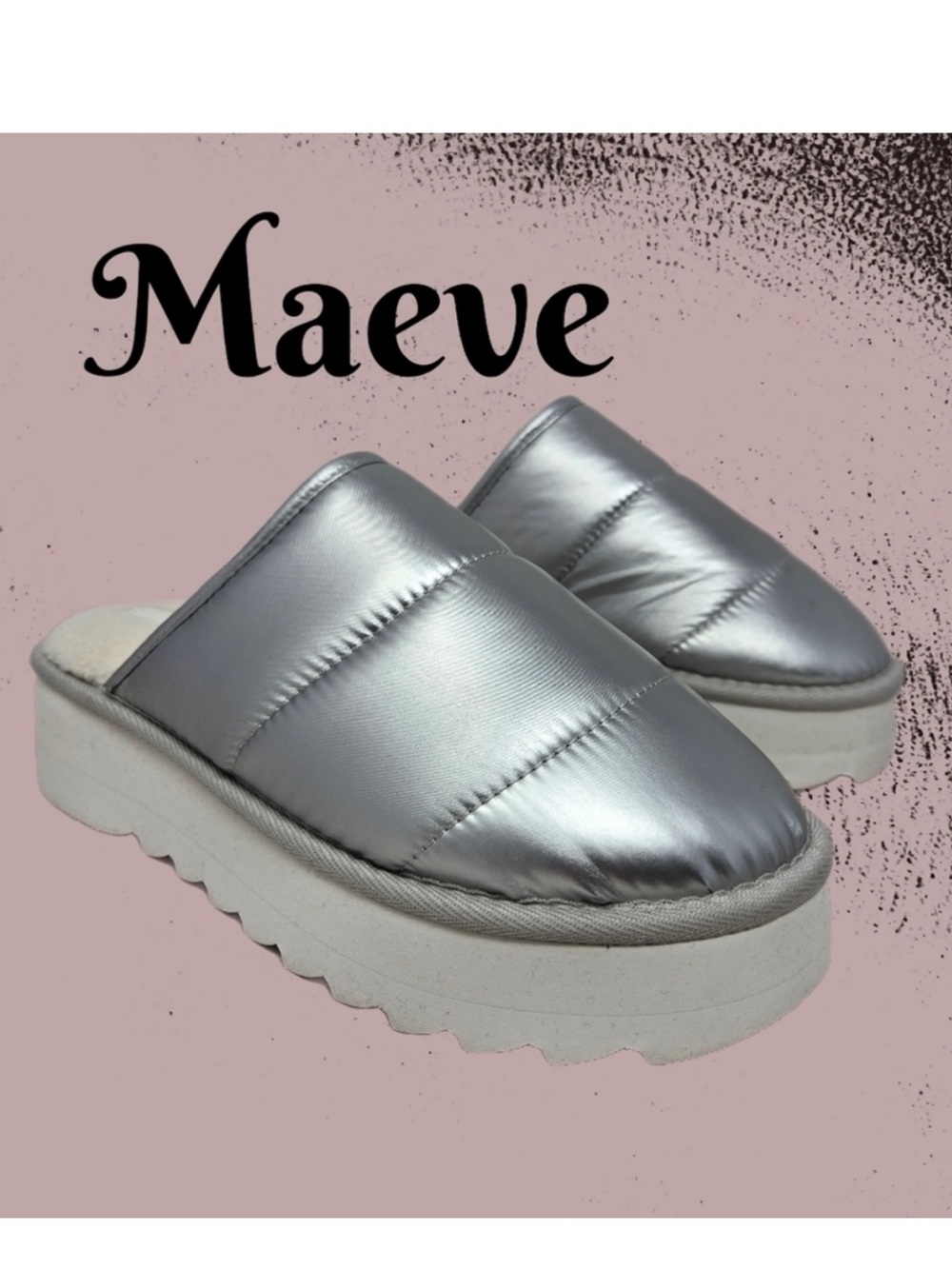 Maeve Women Puffer Platform Slippers Sz 7-8 M Silver Nylon Upper Cream Faux Fur